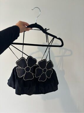 Zara Black Floral Beaded Spaghetti Strap Crop Top